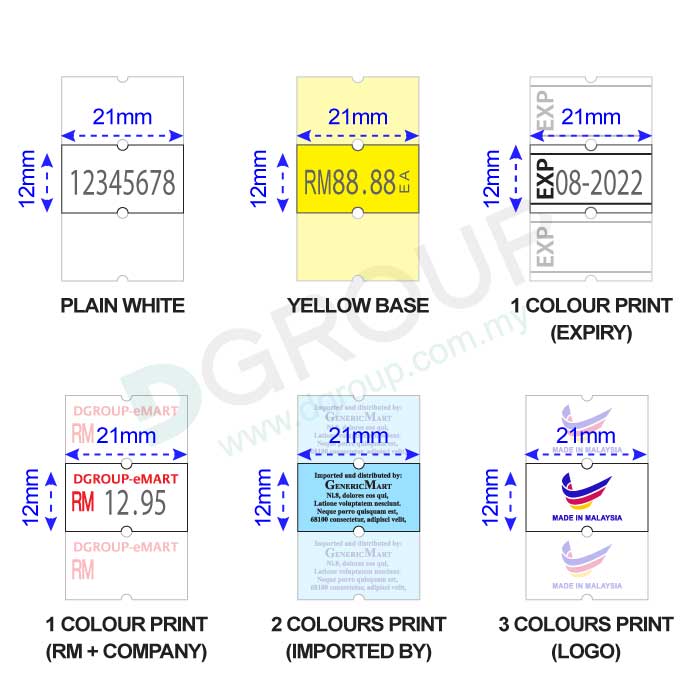 Motex 5500 One line label size, colour and printing sample guide.